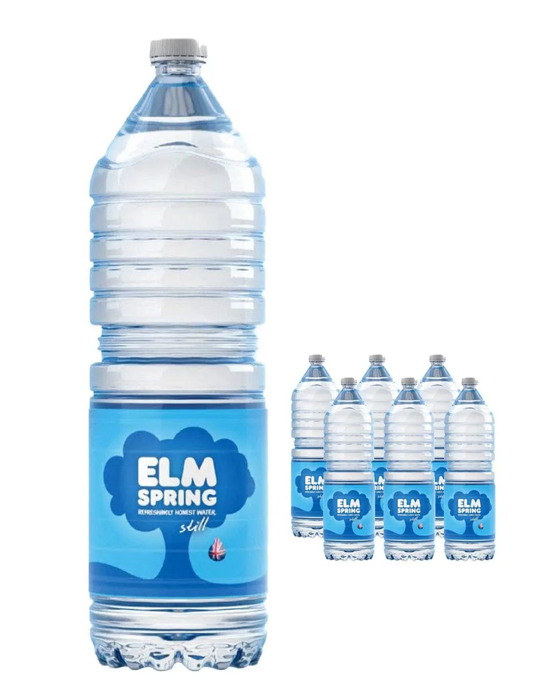 Clear plastic bottles of Elm Natural Spring Still Mineral Water, featuring a blue label with "ELM SPRING" in white text, arranged in a multipack of six 2-liter bottles.