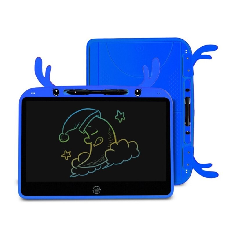 Bright blue tablet with antler-like handles, featuring a black screen displaying a colorful hand-drawn design of a moon and clouds, ideal for children's drawings and writing.
