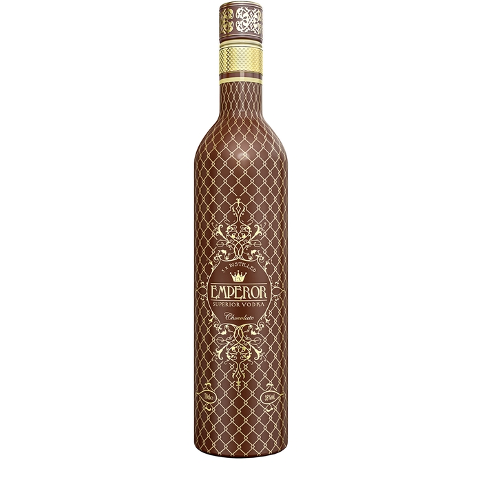 Tall, slender brown bottle of Emperor Superior Chocolate Vodka, featuring gold accents and an ornate label with a decorative pattern and the word "Chocolate" prominently displayed.