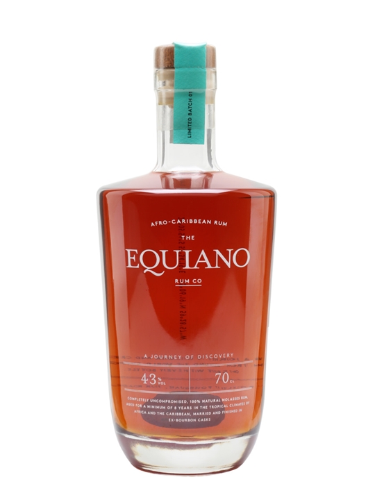 Clear glass bottle with a cork stopper, featuring a turquoise label and a rich amber liquid, labeled "Equiano African Caribbean Original Rum, 70 Cl."