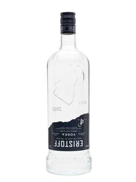 Clear glass magnum bottle of Eristoff Vodka featuring a textured wolf logo, black label with white text, and a silver cap.