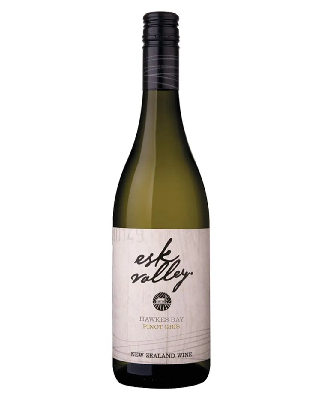 Clear glass bottle of Esk Valley Pinot Gris, 75cl, featuring a light greenish-yellow liquid, a black screw cap, and a textured label with a minimalist design.