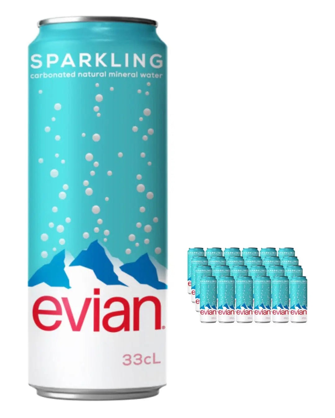 Evian sparkling water can multipack featuring 24 turquoise cans with white bubbles and mountain graphics, each containing 330 ml of carbonated natural mineral water.