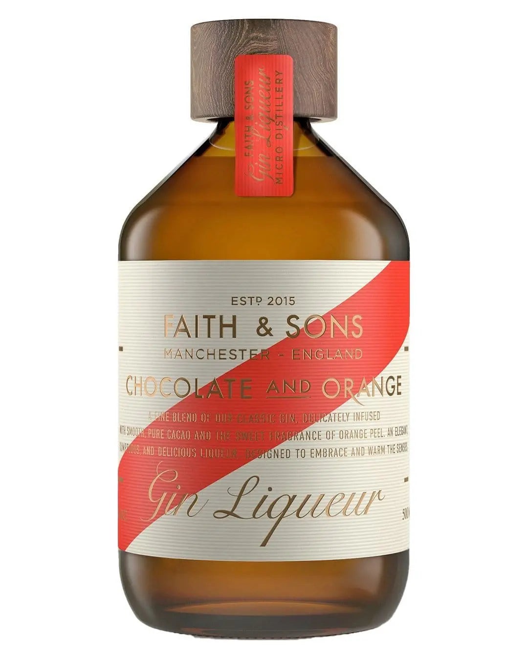 Amber glass bottle with a red and white label featuring "Faith & Sons" and "Chocolate & Orange Gin Liqueur," showcasing a rich blend of flavors, 50 cl size.