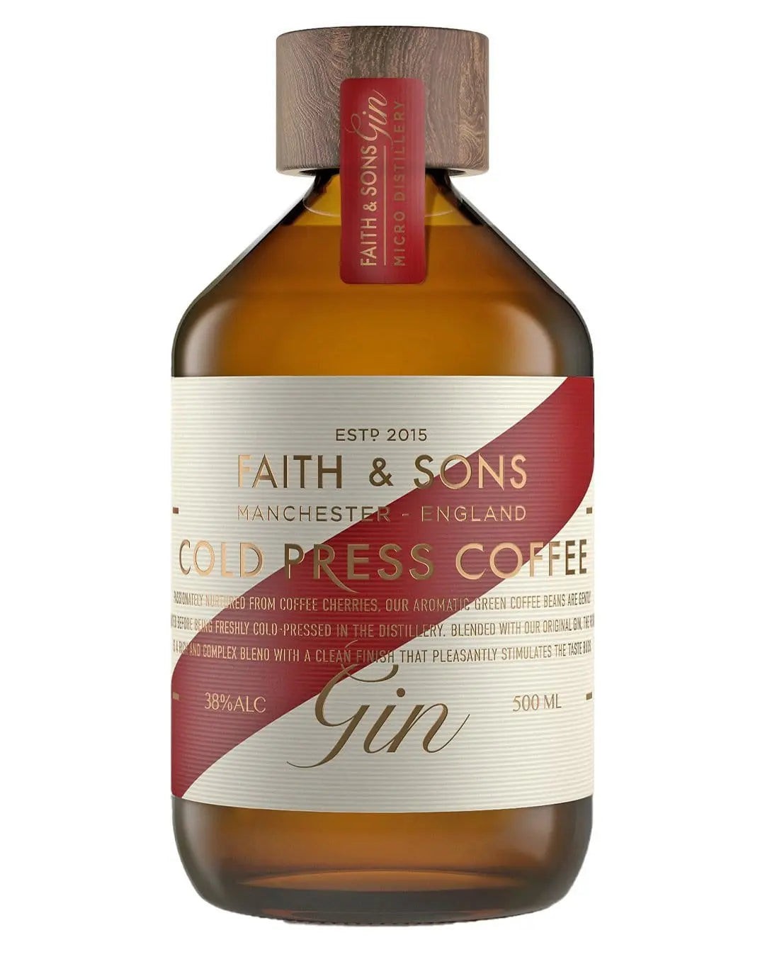 Amber glass bottle of Faith & Sons Cold Press Coffee Gin, featuring a red and gold label with text, and a cork stopper, showcasing a unique blend of coffee and gin.