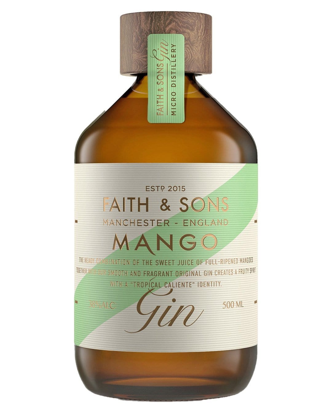 Amber glass bottle of Faith & Sons Mango Gin, featuring a green and gold label with "Faith & Sons" and "Mango" prominently displayed, 50 cl size, with a tropical design.