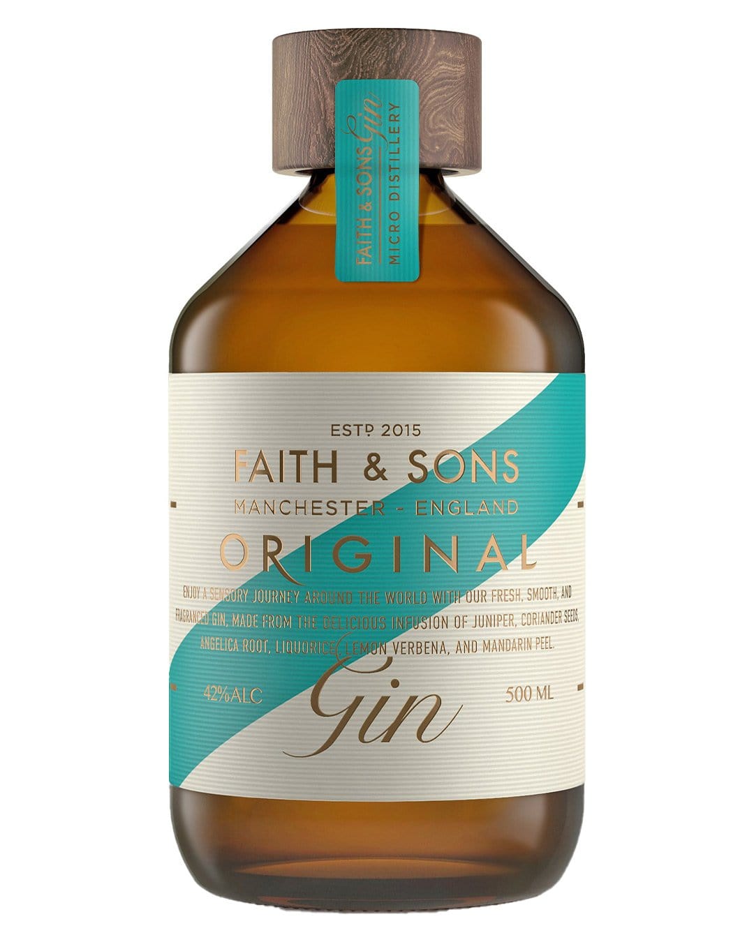 Amber glass bottle with a wooden cap, featuring a teal and gold label that reads "Faith & Sons Original Gin," showcasing 42% ABV and a 500ml capacity.