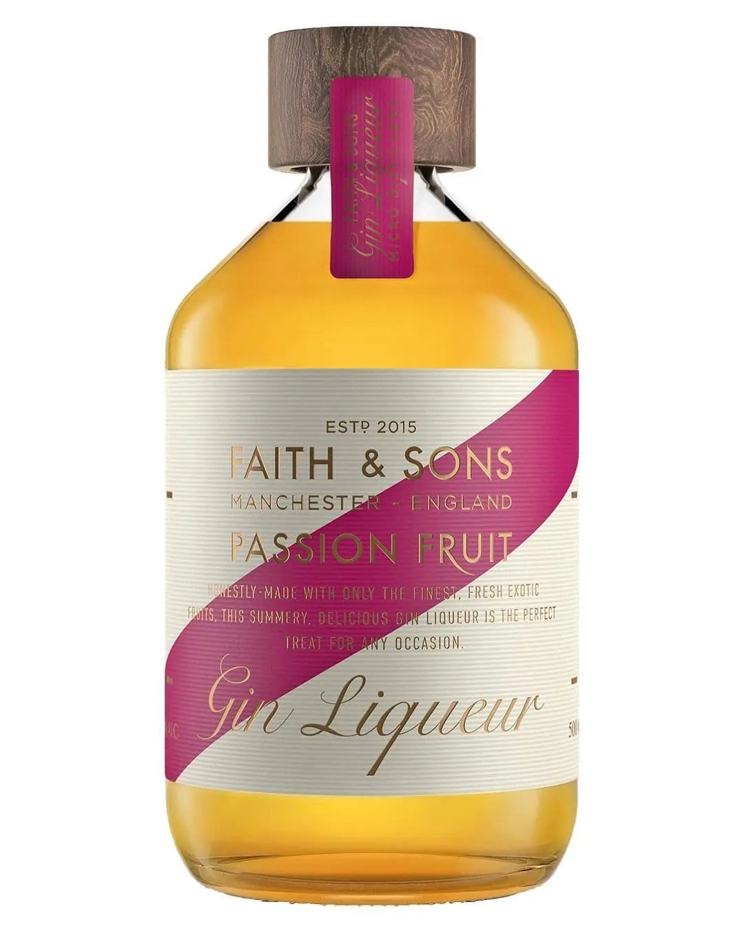 Clear glass bottle with a wooden cap, featuring a pink and gold label that reads "Faith & Sons Passion Fruit Gin Liqueur, 50 Cl," highlighting its vibrant yellow liquid.