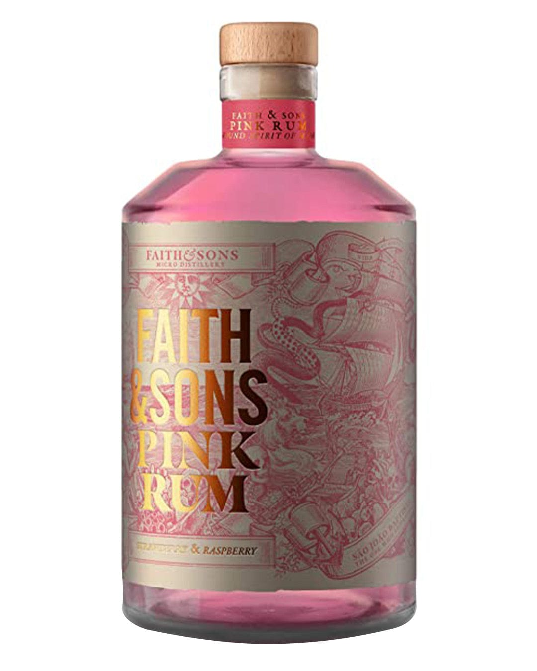 Clear glass bottle filled with vibrant pink rum, featuring intricate illustrations and gold lettering that reads "Faith & Sons Pink Rum" with a cork stopper.