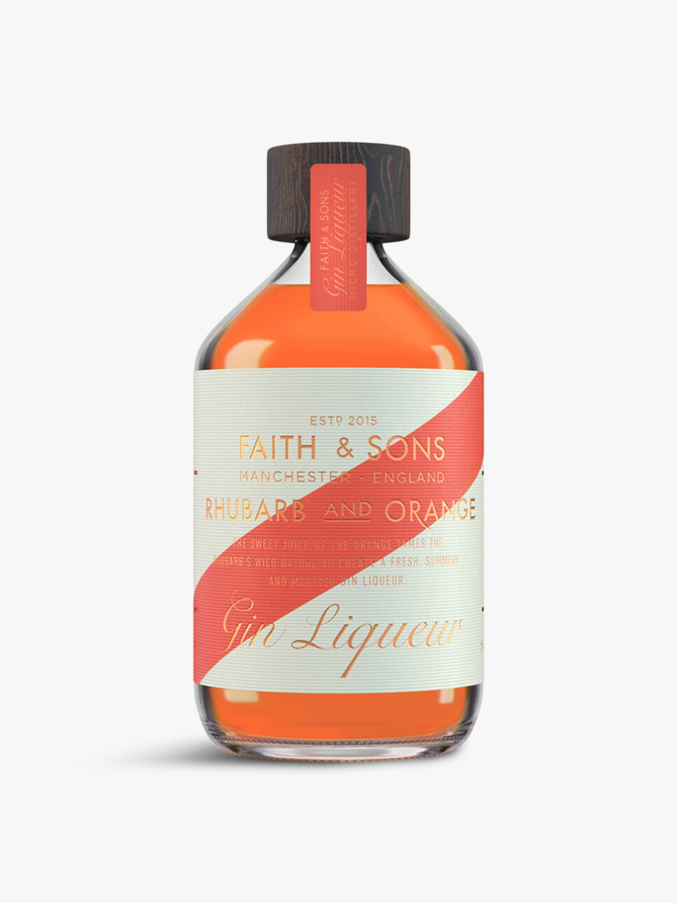 Clear glass bottle with a wooden cap, filled with vibrant orange-pink gin liqueur, featuring a decorative label with "Faith & Sons" and "Rhubarb and Orange" in elegant typography.