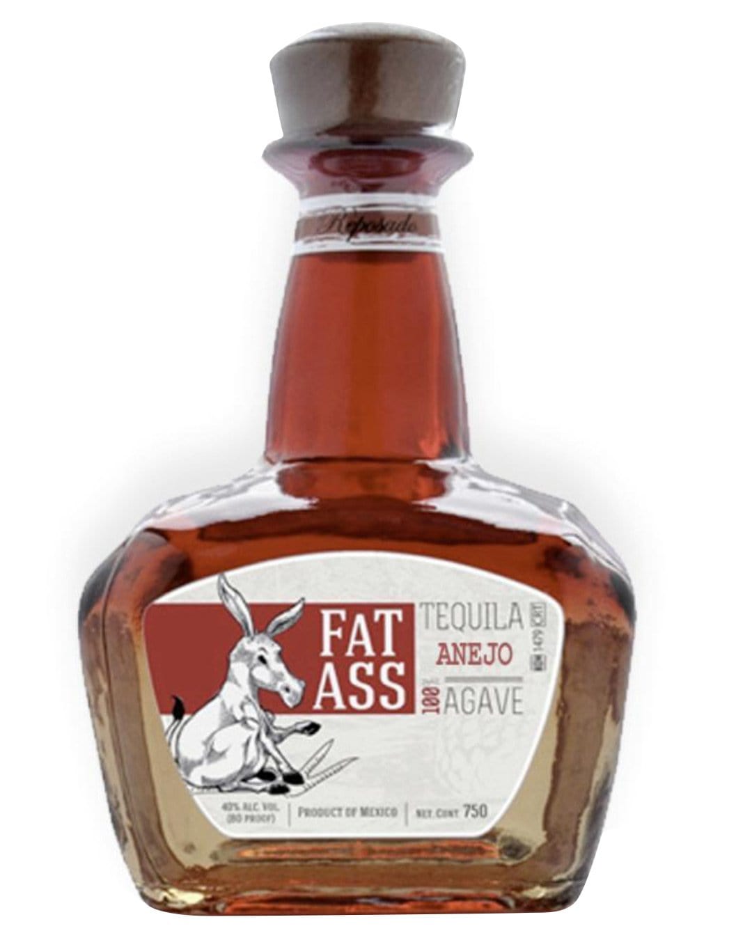 Amber-colored glass bottle with a rounded base, featuring a cork stopper, a label with a cartoon donkey, and the text "FAT ASS TEQUILA ANEJO AGAVE" prominently displayed.