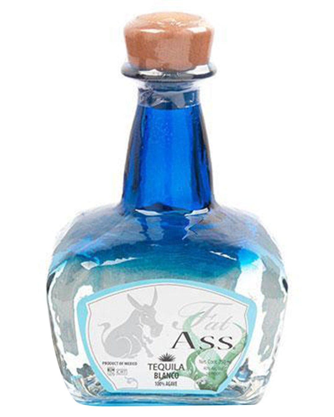 Clear glass bottle with a rounded base, blue liquid, and a wooden cork; features a label with "Fat Ass" and "Tequila Blanco" in bold text.