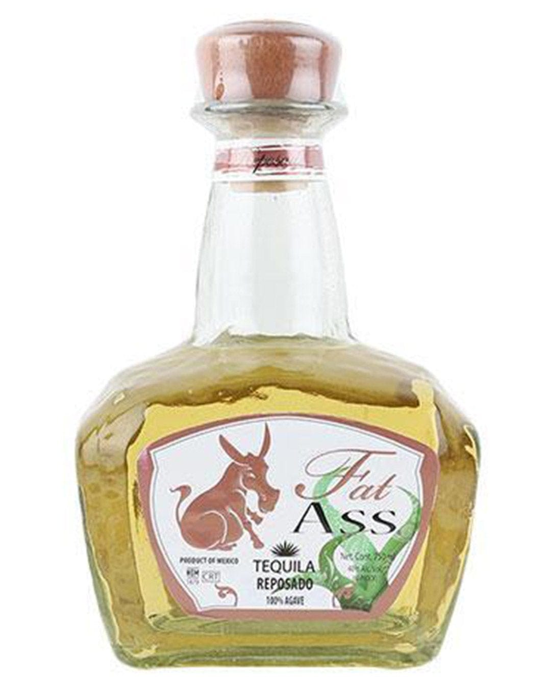 Clear glass bottle with a rounded base, featuring a wooden cork, filled with amber-colored reposado tequila, and a label displaying a playful logo with a kangaroo and the text "Fat Ass."