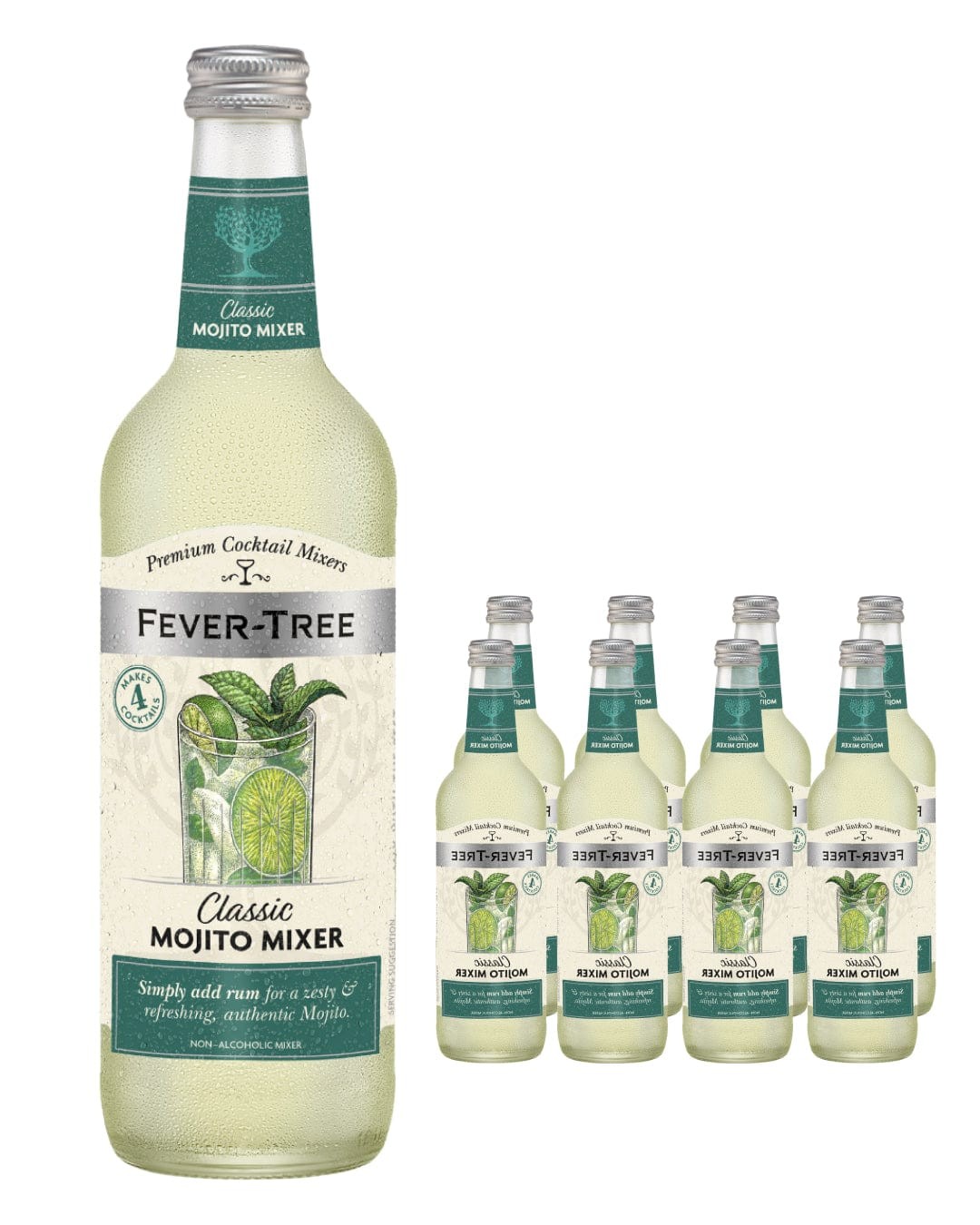 Clear glass bottle of Fever-Tree Classic Mojito Mixer, featuring a green label with a mint leaf design, alongside seven additional identical bottles, all 500 ml.