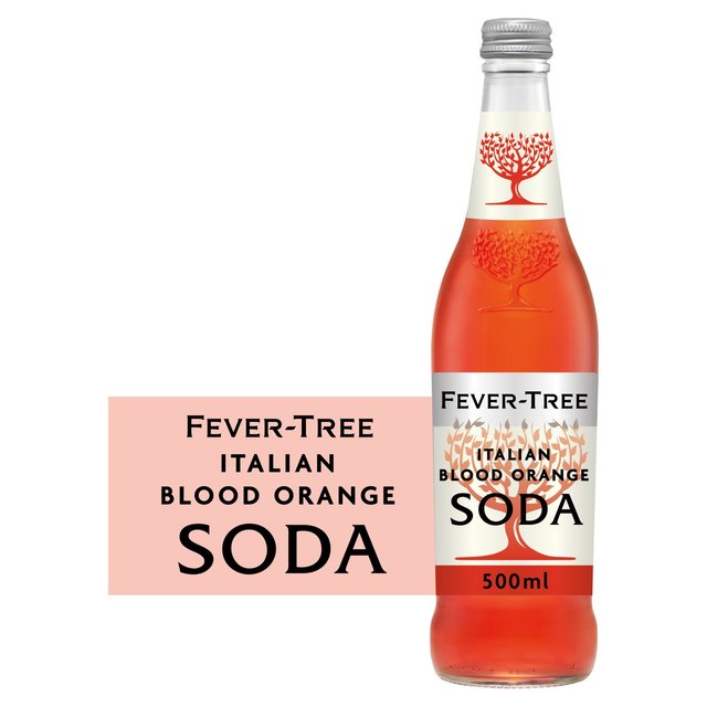 Clear glass bottle with a silver cap, filled with vibrant red-orange soda, featuring a white label with the Fever-Tree logo and "Italian Blood Orange Soda" text.