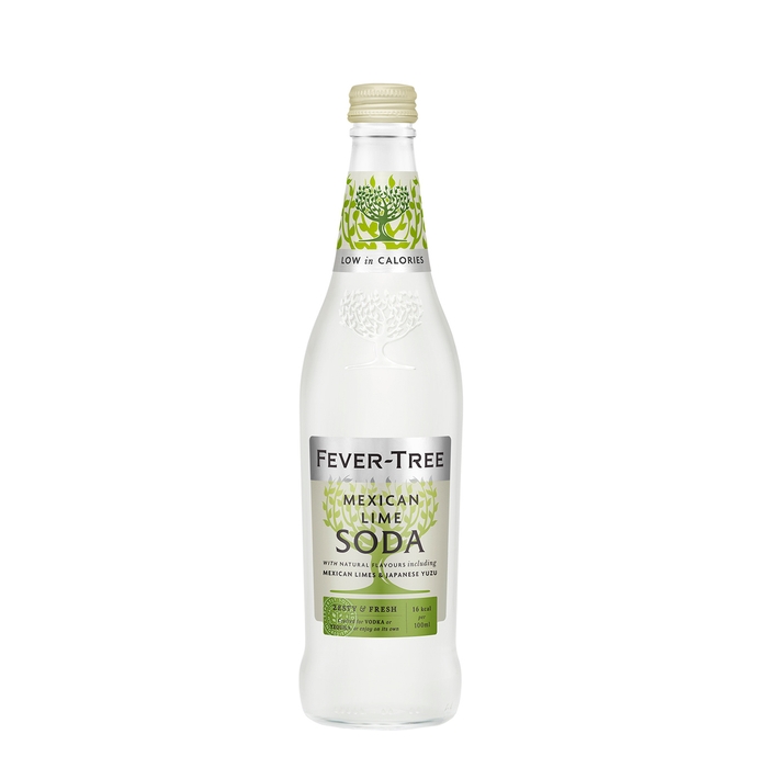 Clear glass bottle of Fever-Tree Mexican Lime Soda, featuring a green and white label, with a refreshing lime design and text indicating low calories, in a multipack of eight 500 ml bottles.