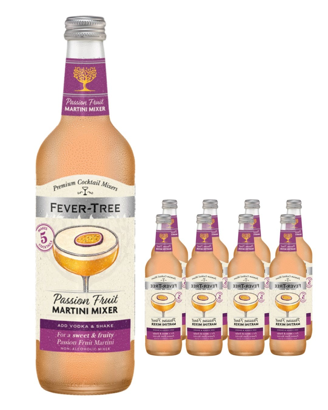 Fever-Tree Passionfruit Martini Mixer multipack featuring a large bottle and six smaller bottles, all with a vibrant orange liquid and purple labels, showcasing cocktail preparation details.