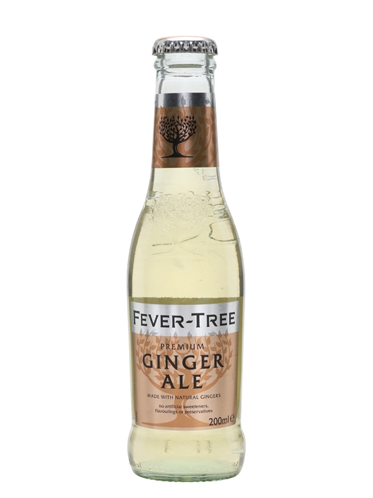 Fever-Tree Premium Ginger Ale bottle, 200 ml, featuring a clear glass design, gold and white label with black text, and a silver cap, showcasing a tree logo and ginger ale branding.