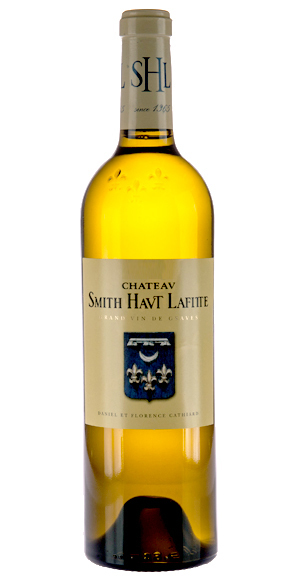 A clear glass bottle of Chateau Smith Haut Lafitte white wine, featuring a gold label with blue and gold emblem, and a cork top, set against a plain background.