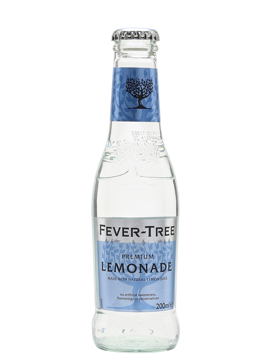 Clear glass bottle of Fever-Tree Premium Lemonade, featuring a blue label with a tree logo, 200 ml capacity, showcasing a refreshing, bubbly drink.