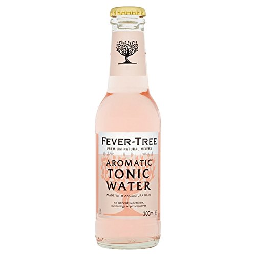 Fever-Tree Refreshingly Light Aromatic Tonic Water in a clear glass bottle, featuring a light pink liquid, gold cap, and a label with a tree logo and product details.