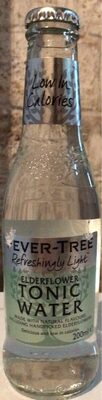 Clear glass bottle of Fever-Tree Refreshingly Light Elderflower Tonic Water, featuring a green label, silver cap, and text highlighting low calories, 200 ml size.