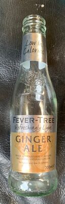 Clear glass bottle of Fever-Tree Refreshingly Light Ginger Ale, featuring a silver cap, light blue label with gold accents, and text highlighting low calories, 200 ml size.