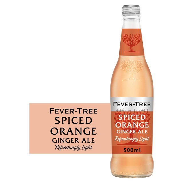 Eight bottles of Fever-Tree Refreshingly Light Spiced Orange Ginger Ale, featuring a light orange hue, clear glass, and a label with bold black text and a tree logo.