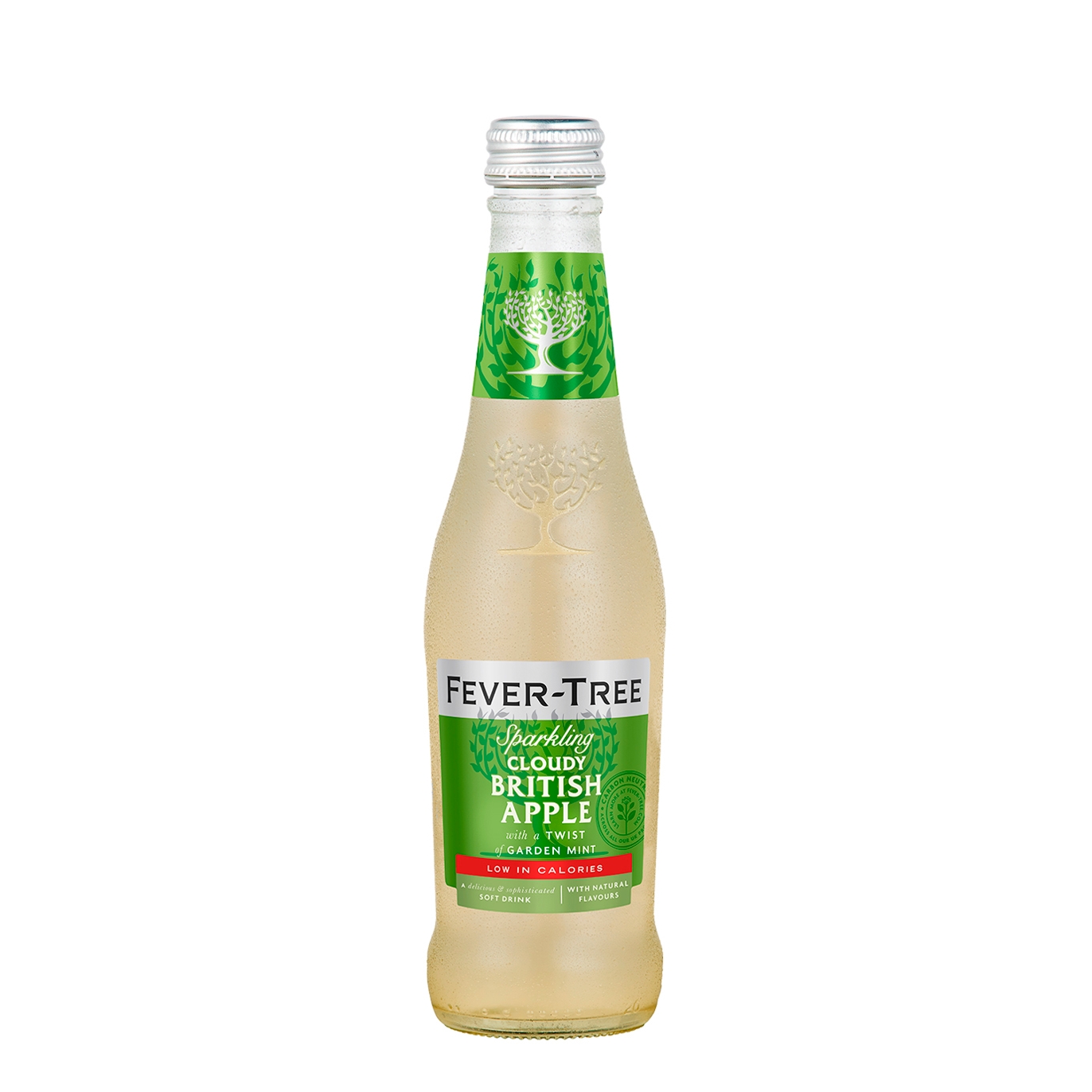 Twelve 275ml glass bottles of Fever-Tree Sparkling Cloudy British Apple & Mint, featuring a green label with a tree logo and a silver cap, showcasing a light, bubbly drink.