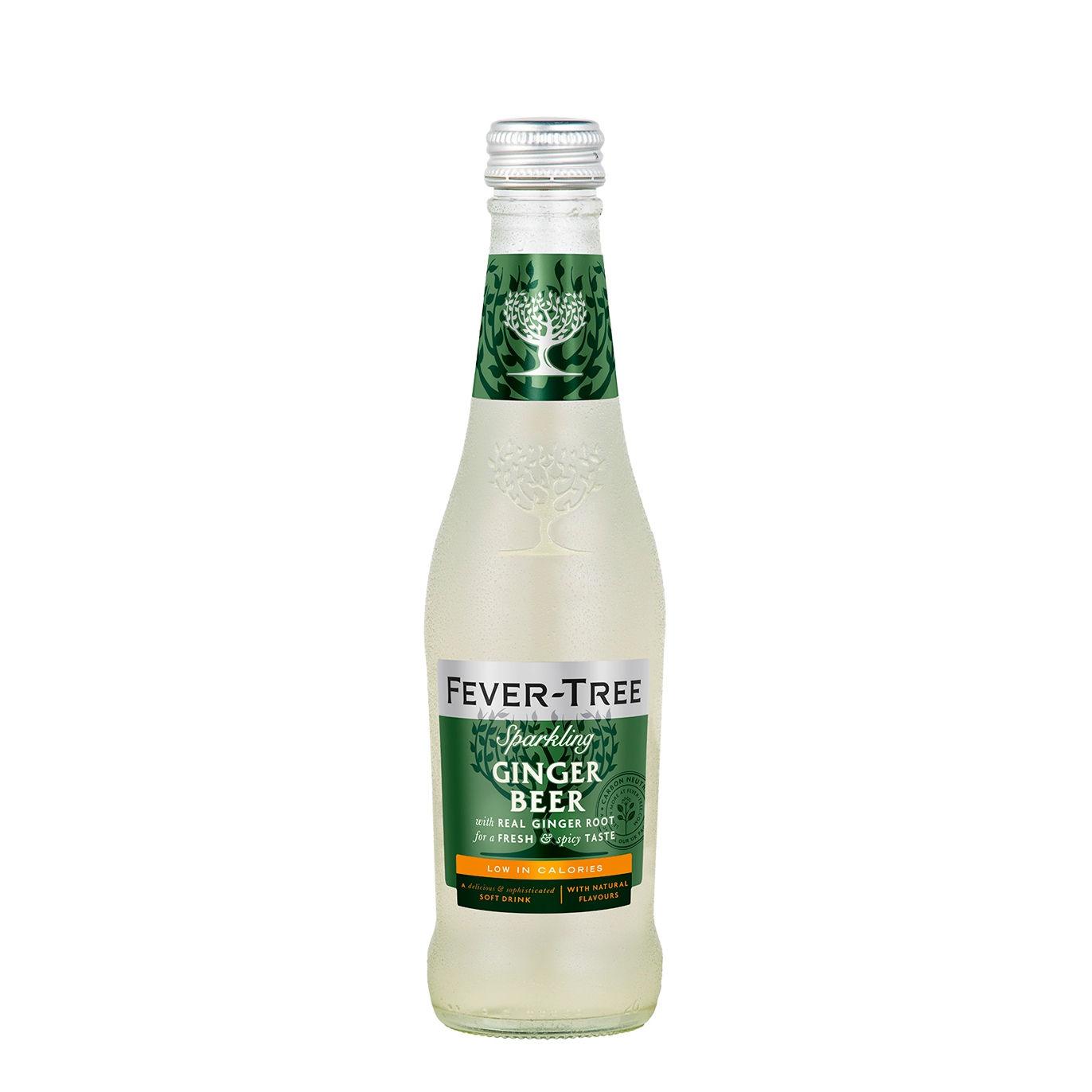 Twelve 275 ml glass bottles of Fever-Tree Sparkling Ginger Beer, featuring a clear bottle, green and white label, and a silver cap, showcasing the brand logo and product details.