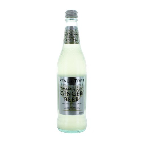 Clear glass bottle of Fever-Tree Sparkling Ginger Beer, featuring a silver label with green accents, containing 500 ml of light ginger beer, presented in an 8-pack.