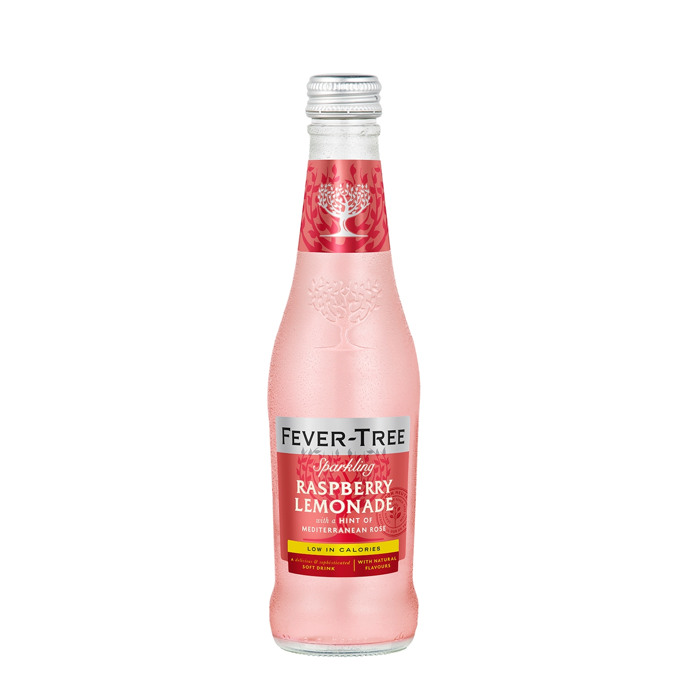 Twelve 275 ml glass bottles of Fever-Tree Sparkling Raspberry Lemonade, featuring a pink liquid, silver cap, and a decorative label with a tree logo and vibrant colors.