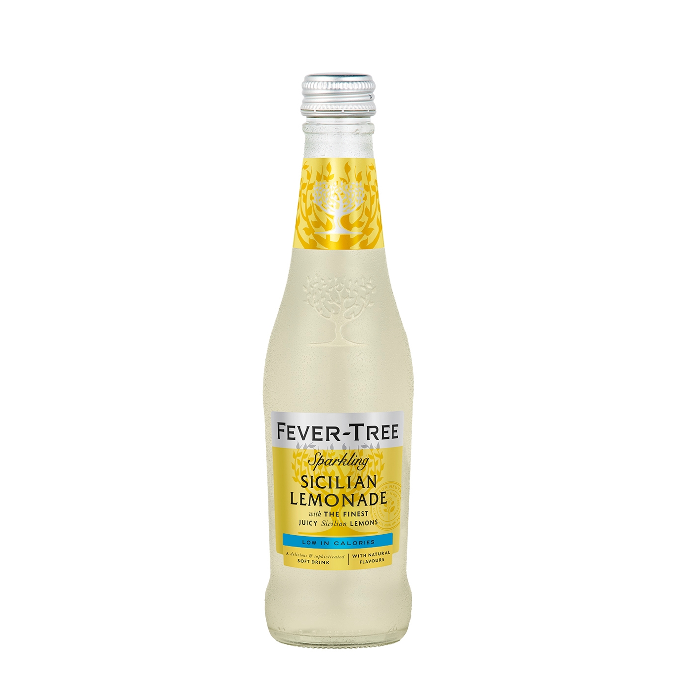 Twelve glass bottles of Fever-Tree Sparkling Sicilian Lemonade, each 275 ml, featuring a yellow label with a tree logo and a silver cap, showcasing a light, bubbly lemonade.