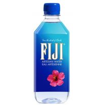 Clear plastic bottle of FIJI Natural Artesian Water, featuring a blue label with white text and a pink hibiscus flower, containing 330 ml of water.