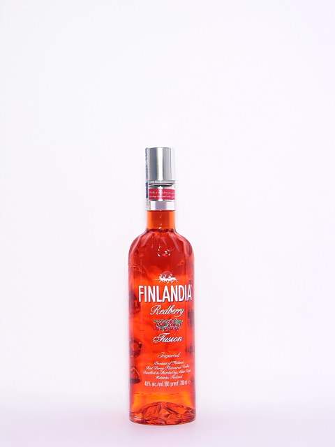 Clear glass bottle of Finlandia Redberry Vodka, 70 Cl, featuring a vibrant red liquid, silver cap, and bold white lettering on the label.