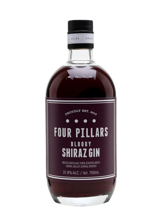 A dark purple bottle of Four Pillars Bloody Shiraz Gin, featuring a sleek glass design, a black and white label with bold text, and a volume of 700ml at 37.8% alcohol.