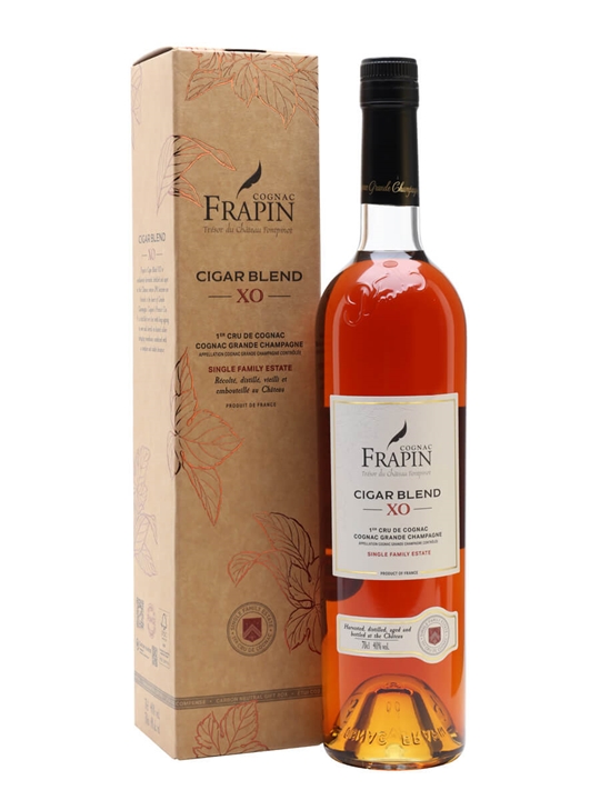 Amber-hued Frapin Cigar Blend XO Cognac in a tall bottle, accompanied by a decorative box featuring elegant branding and a gold seal.