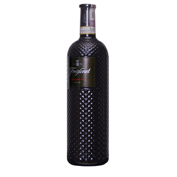 Freixenet Chianti bottle, 75 cl, featuring a textured dark glass design with a black label and elegant silver lettering.