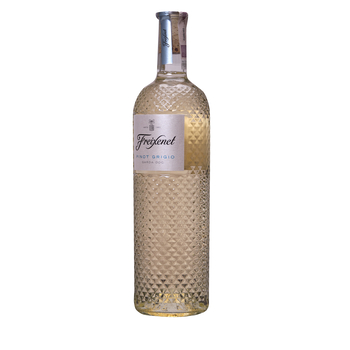 Clear glass bottle of Freixenet Pinot Grigio, 75 Cl, featuring a textured diamond pattern, a silver label with blue text, and a cork stopper.
