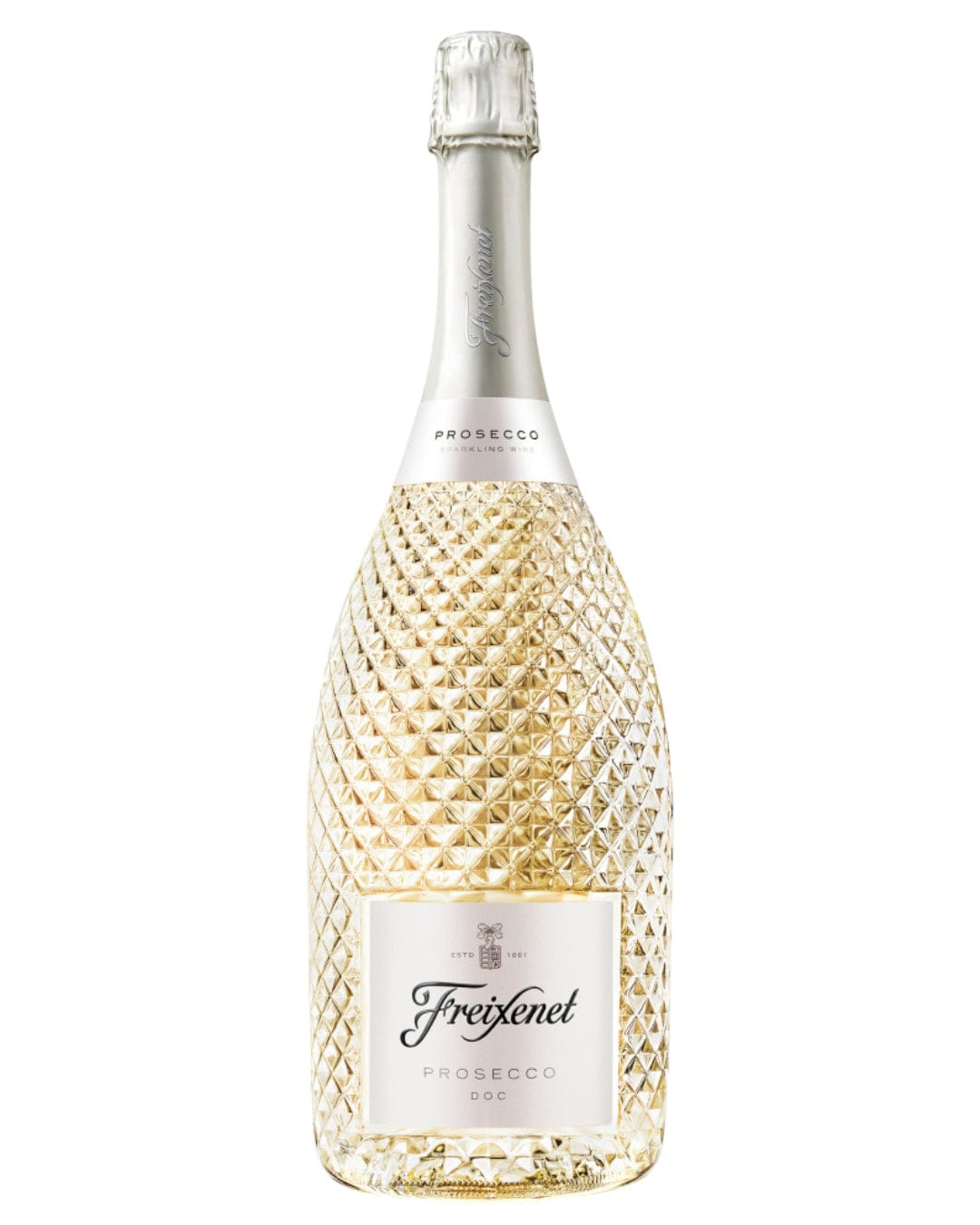 Freixenet Prosecco D.O.C. in a 1.5 L clear glass bottle with a diamond-patterned design, featuring a silver foil cap and a white label with elegant text.