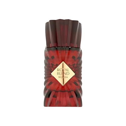 Red and gold bottle of French Avenue Royal Blend Sequoia Eau De Parfum, featuring a textured design and diamond-shaped label, holds 100 ml of unisex fragrance.