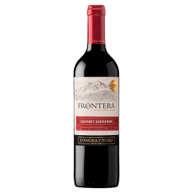 Frontera Cabernet Sauvignon wine bottle, 75 cl, featuring a dark red liquid, a tall glass bottle with a red cap, and a label displaying mountains and gold accents.