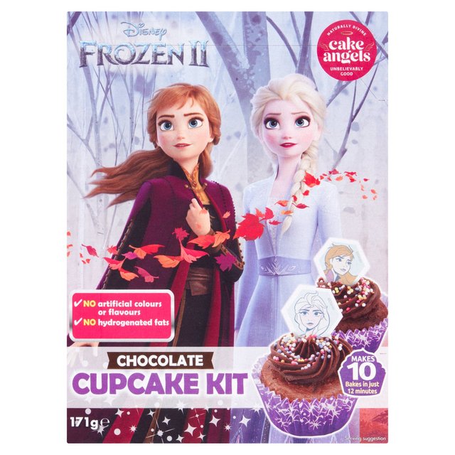 Disney Frozen 2 Chocolate Cupcake Kit, 171g, featuring Anna and Elsa, with vibrant colors and a whimsical design, includes ingredients to make 10 cupcakes in just 2 minutes.