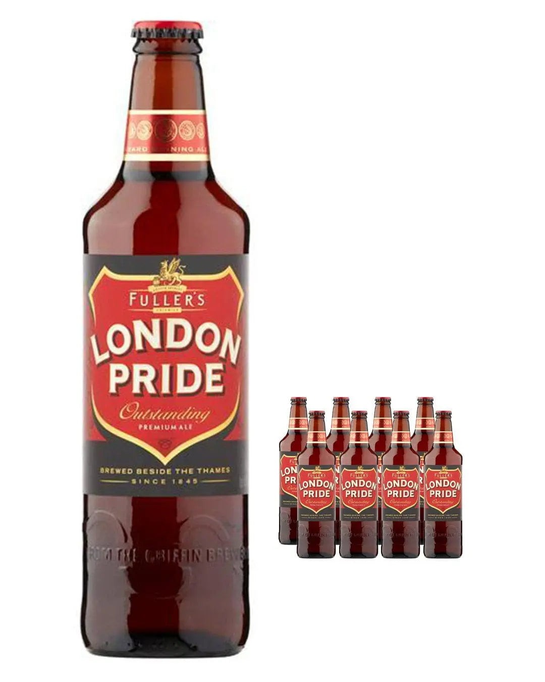 Eight 500 ml bottles of Fuller's London Pride Ale, featuring a dark amber glass with a prominent red and gold label displaying "London Pride" and "Outstanding Premium Ale."