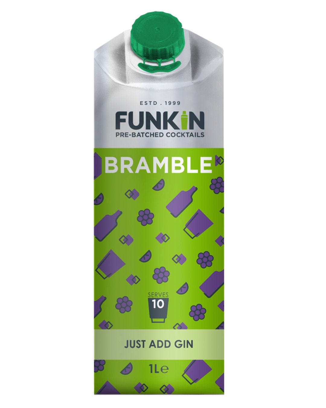 Funkin Bramble Mixer cocktail carton in a 1 L size, featuring a silver and green design with purple graphics of bottles and berries, labeled "JUST ADD GIN" and serves 10.