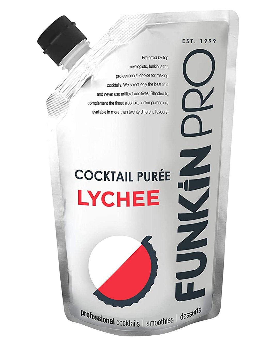 Silver pouch of Funkin Lychee Purée, 1 KG, featuring a red and white circular design, with a black cap and bold text highlighting its use for cocktails, smoothies, and desserts.