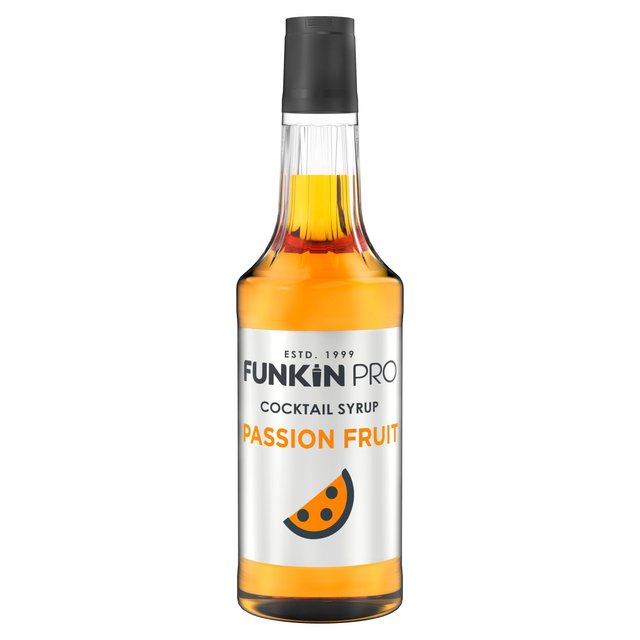 Clear glass bottle with a black cap, filled with vibrant orange passion fruit cocktail syrup, featuring a white label with black text and a graphic of a slice of passion fruit.