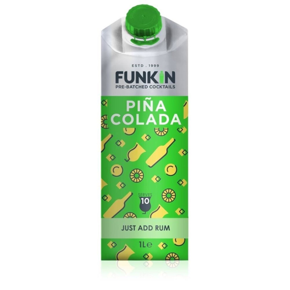 Green carton featuring "Funkin Pina Colada Mixer" text, tropical patterns of pineapples and bottles, with a green cap, designed for easy pouring, serving 10, 1 liter size.