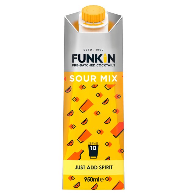 Bright yellow carton of Funkin Sour Mix, 950 ml, with a silver top and orange cap, featuring illustrations of cocktail glasses and citrus slices, labeled "Just Add Spirit."