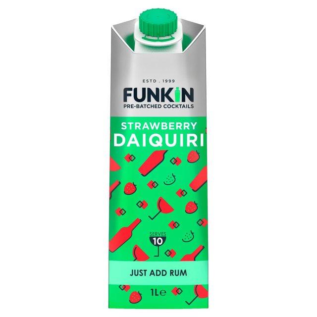 Bright green carton featuring the Funkin logo, decorated with red strawberries and cocktail icons, labeled "Strawberry Daiquiri," serving 10, and indicating "Just Add Rum," 1 L size.